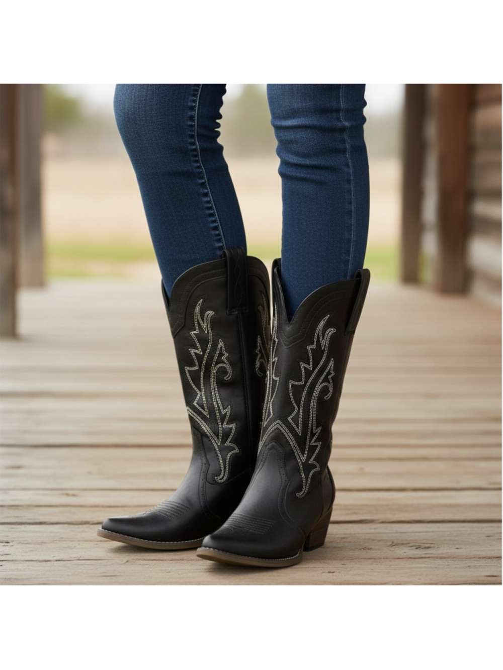 Rollda Hisea Cowgirl Boots Women Western Black Stitched Embroidered NIB Size 8.5